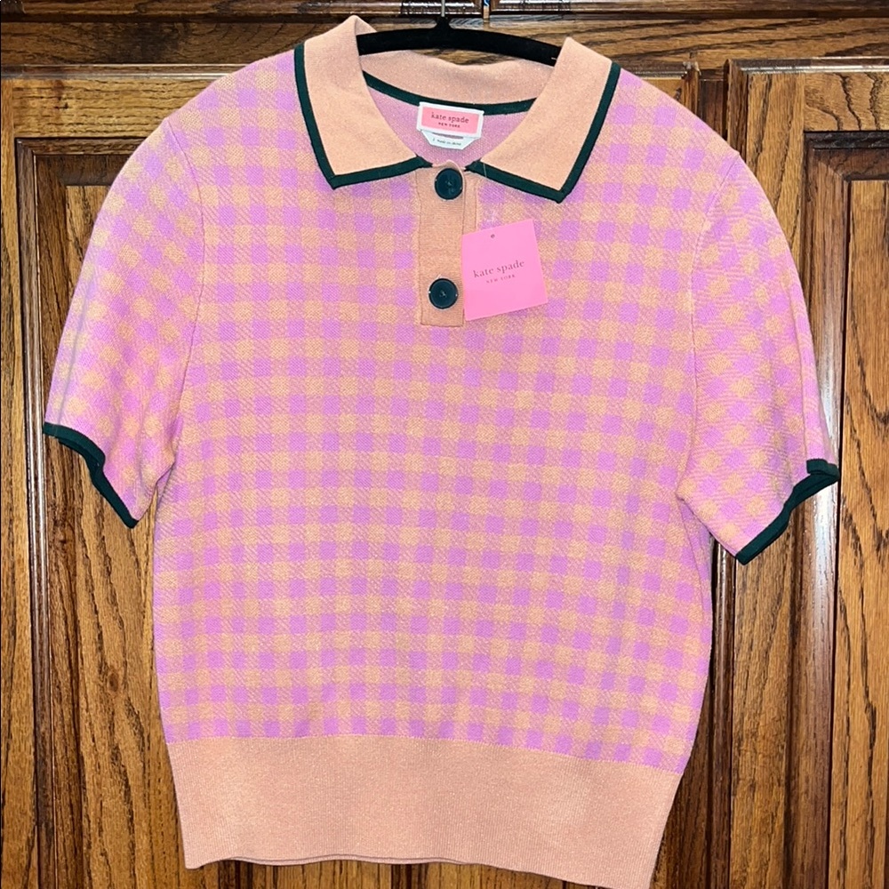 kate spade Pink and Peach Check Knit Polo Top
